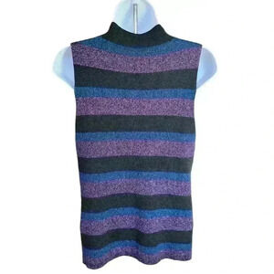 Nine West Metallic Black Blue Magenta Stripe Sleeveless Turtleneck S